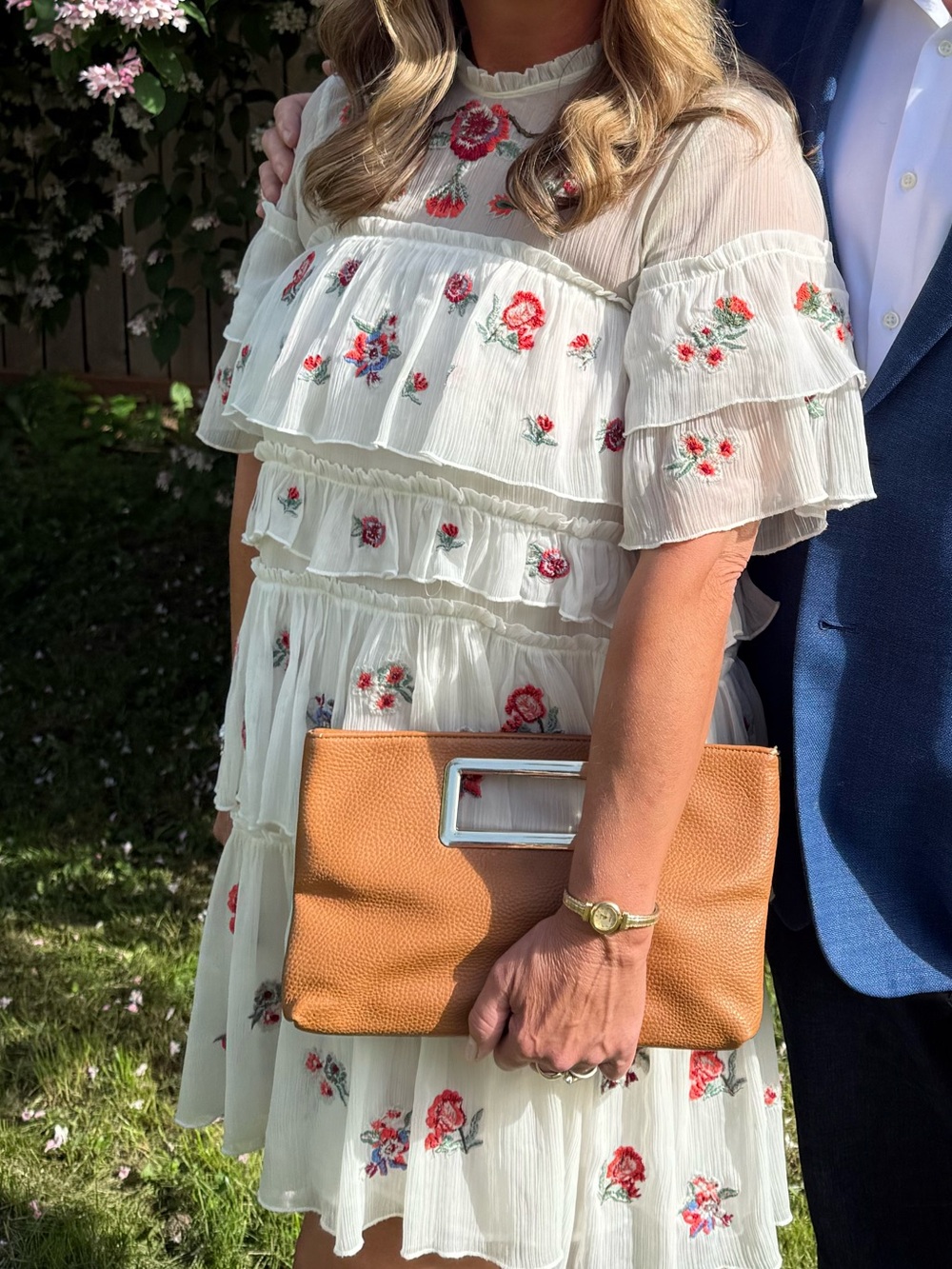 Zara Cream Tiered Ruffle Dress with Red & Green Floral Embroidery